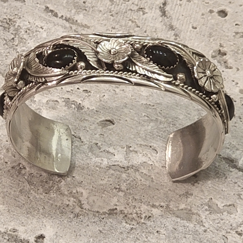Ladies Sterling Silver and Onyx Handcrafted Cuff Bracelet